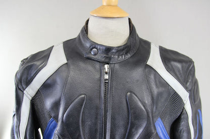 CASTOR 'BLACK CHASER' BLACK, BLUE & GREY LEATHER BIKER JACKET 42 INCH