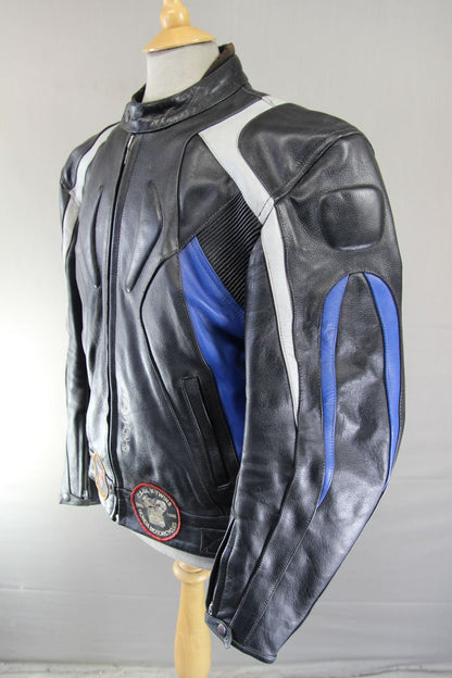 CASTOR 'BLACK CHASER' BLACK, BLUE & GREY LEATHER BIKER JACKET 42 INCH