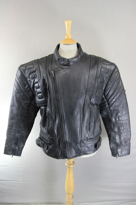 AKITO CLASSIC BLACK LEATHER BIKER JACKET WITH BACK PROTECTOR 44-46 INCH CHEST