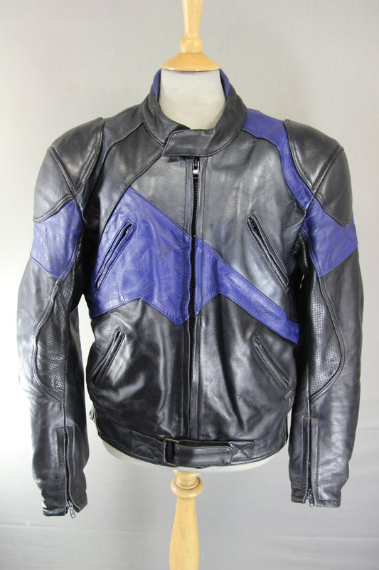 ECHO BLACK, BLUE & SILVER LEATHER BIKER JACKET + PROTECTORS & THERMAL LINING 48"