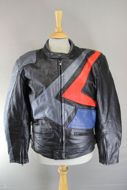 BLACK, SILVER, RED & BLUE LEATHER BIKER JACKET WITH REMOVABLE BACK PROTECTOR 42"