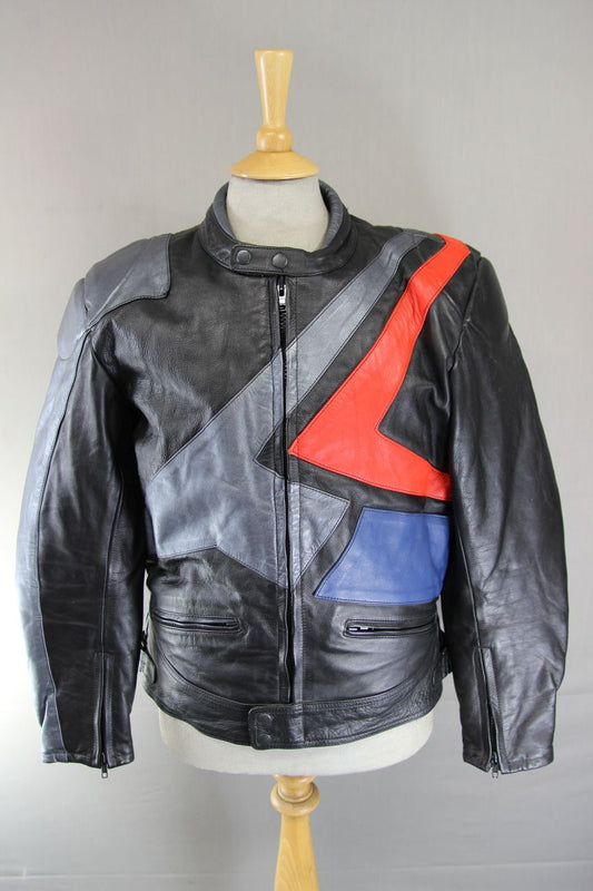 BLACK, SILVER, RED & BLUE LEATHER BIKER JACKET WITH REMOVABLE BACK PROTECTOR 42"