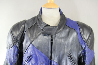 ECHO BLACK, BLUE & SILVER LEATHER BIKER JACKET + PROTECTORS & THERMAL LINING 48"
