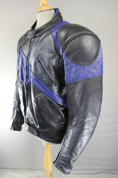 ECHO BLACK, BLUE & SILVER LEATHER BIKER JACKET + PROTECTORS & THERMAL LINING 48"