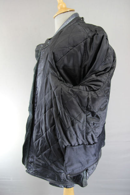 BLACK, SILVER, RED & BLUE LEATHER BIKER JACKET WITH REMOVABLE BACK PROTECTOR 42"