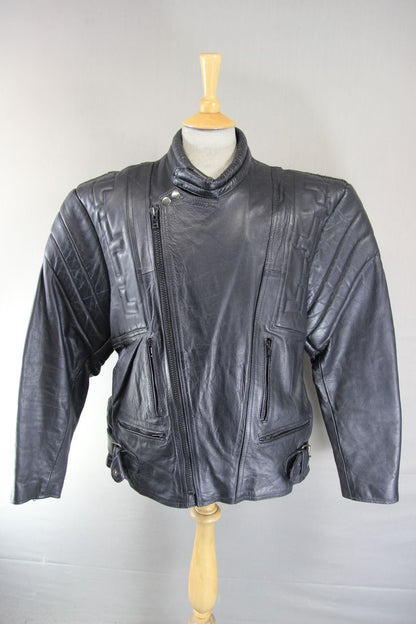 NINO VALI DESIGNER CLASSIC BLACK LEATHER BIKER JACKET 46 INCH CHEST/XL