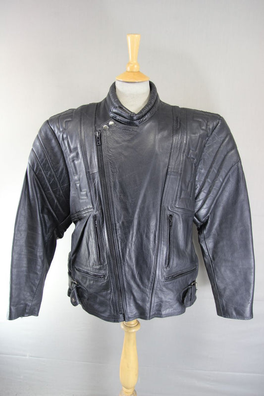 NINO VALI DESIGNER CLASSIC BLACK LEATHER BIKER JACKET 46 INCH CHEST/XL