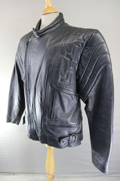 NINO VALI DESIGNER CLASSIC BLACK LEATHER BIKER JACKET 46 INCH CHEST/XL
