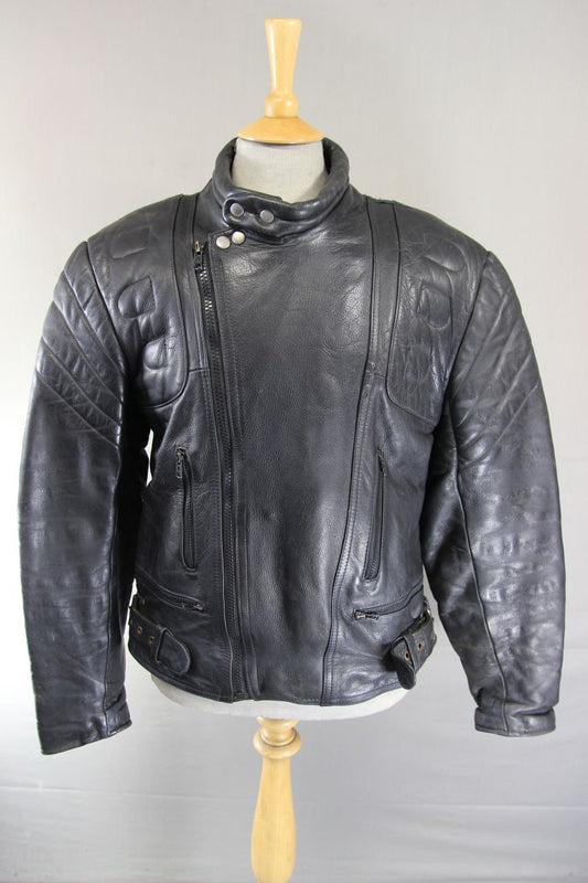 J&S CLASSIC BLACK LEATHER BIKER JACKET 42 INCH CHEST