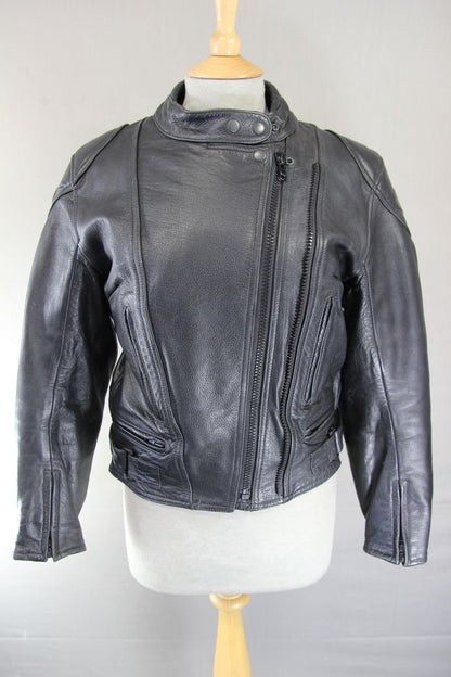 RED KITE BLACK LEATHER BIKER JACKET + BACK, SHOULDER & ELBOW CE ARMOUR: SIZE 12