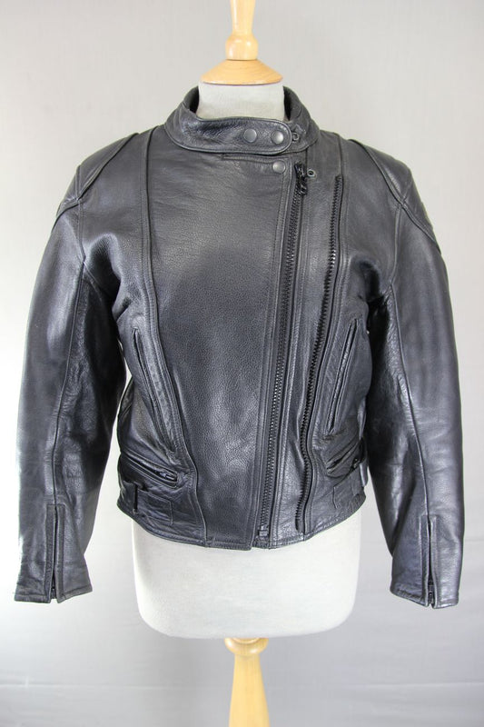 RED KITE BLACK LEATHER BIKER JACKET + BACK, SHOULDER & ELBOW CE ARMOUR: SIZE 12