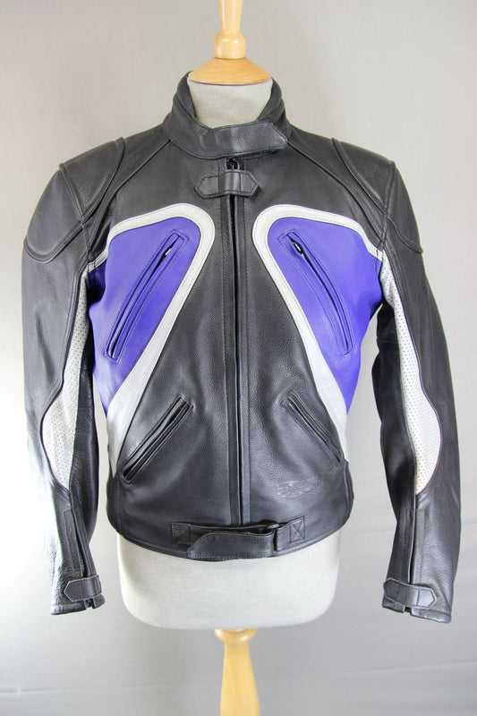 RIDER BLACK, BLUE & SILVER LEATHER BIKER JACKET: SIZE 12/36 INCH CHEST