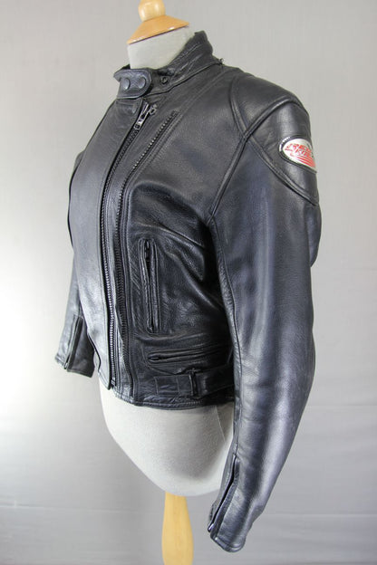 RED KITE BLACK LEATHER BIKER JACKET + BACK, SHOULDER & ELBOW CE ARMOUR: SIZE 12