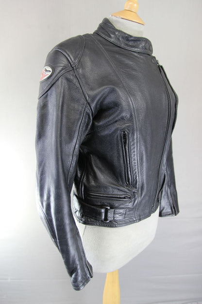 RED KITE BLACK LEATHER BIKER JACKET + BACK, SHOULDER & ELBOW CE ARMOUR: SIZE 12
