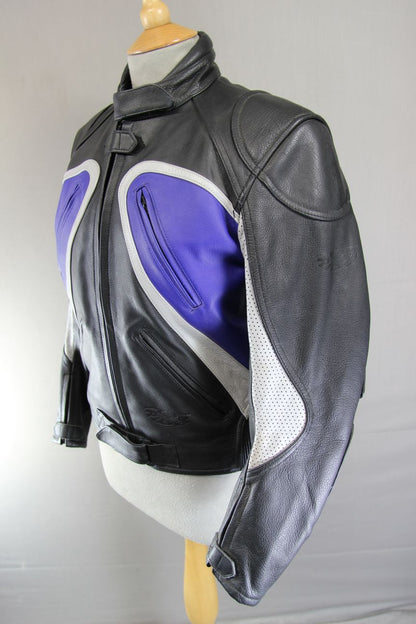 RIDER BLACK, BLUE & SILVER LEATHER BIKER JACKET: SIZE 12/36 INCH CHEST