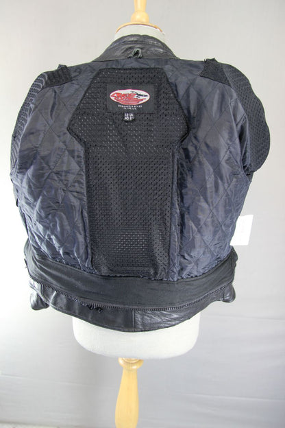 RED KITE BLACK LEATHER BIKER JACKET + BACK, SHOULDER & ELBOW CE ARMOUR: SIZE 12
