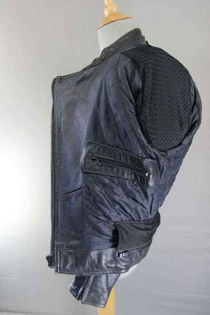 RED KITE BLACK LEATHER BIKER JACKET + BACK, SHOULDER & ELBOW CE ARMOUR: SIZE 12