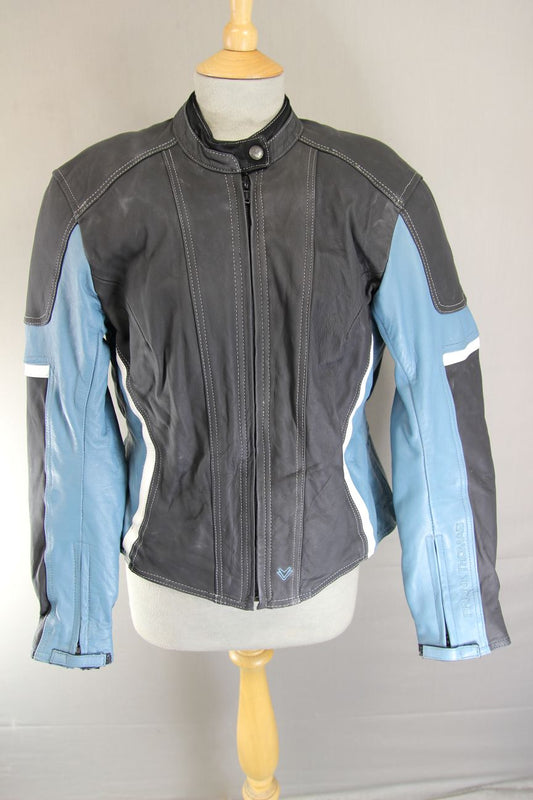 FRANK THOMAS LADY LEATHER BIKER JACKET WITH CE ARMOUR & THERMAL LINING: SIZE 14
