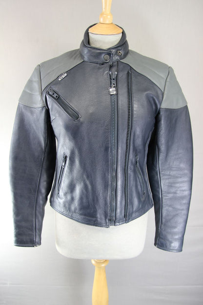 CLASSIC BLUE & GREY STEIN LEATHERS BIKER JACKET: SIZE 12