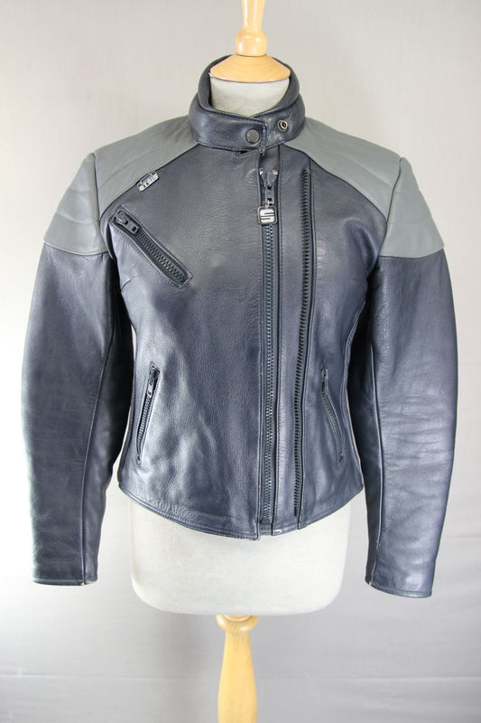 CLASSIC BLUE & GREY STEIN LEATHERS BIKER JACKET: SIZE 12