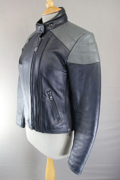 CLASSIC BLUE & GREY STEIN LEATHERS BIKER JACKET: SIZE 12