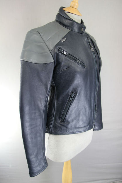 CLASSIC BLUE & GREY STEIN LEATHERS BIKER JACKET: SIZE 12