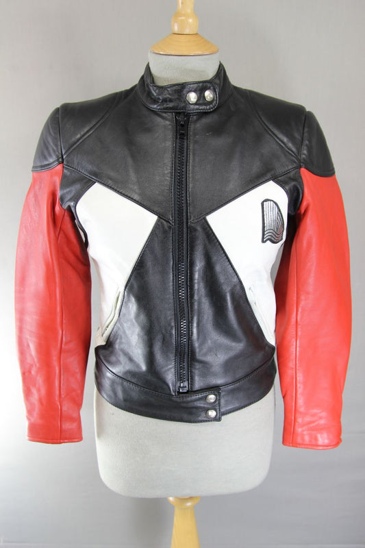 VINTAGE KRAWEHL BLACK, RED & WHITE LEATHER BIKER JACKET 30-32 INCH
