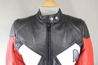 VINTAGE KRAWEHL BLACK, RED & WHITE LEATHER BIKER JACKET 30-32 INCH