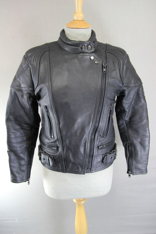 CLASSIC JTS BLACK LEATHER BIKER JACKET: UK SIZE 10/US SIZE XS/EUROPEAN SIZE 34
