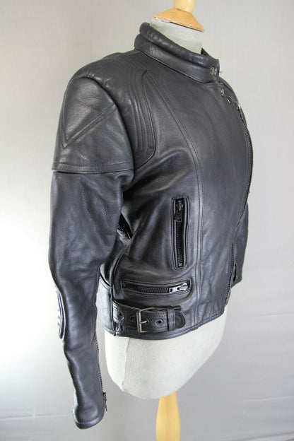 CLASSIC JTS BLACK LEATHER BIKER JACKET: UK SIZE 10/US SIZE XS/EUROPEAN SIZE 34