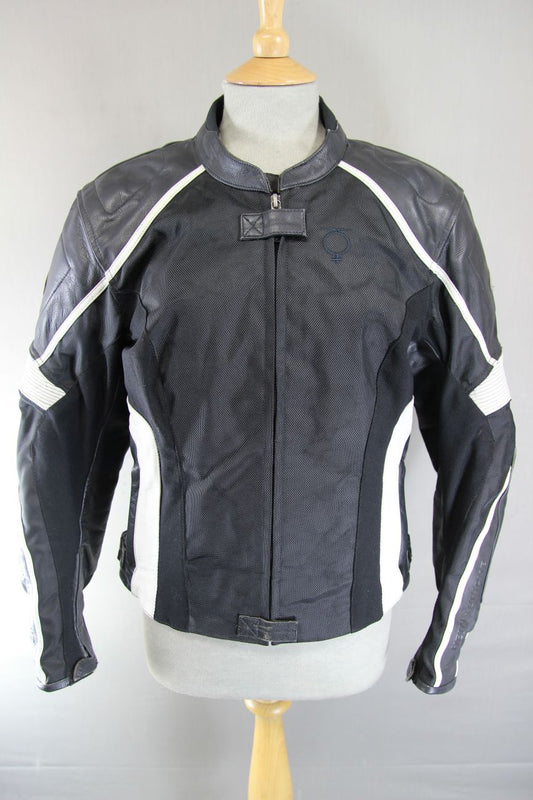 HEIN GERICKE BLACK & WHITE LEATHER & TEXTILE BIKER JACKET WITH CE ARMOUR SIZE 14