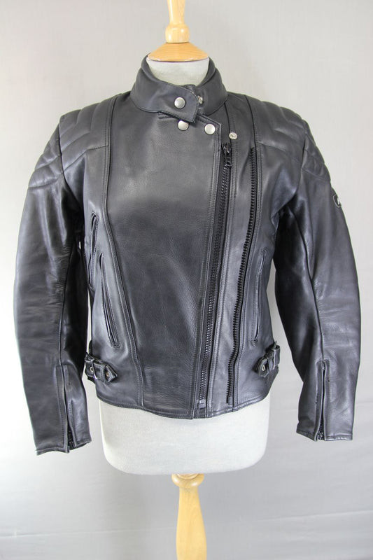 ASHMAN CLASSIC BLACK COWHIDE LEATHER BIKER JACKET: SIZE 10