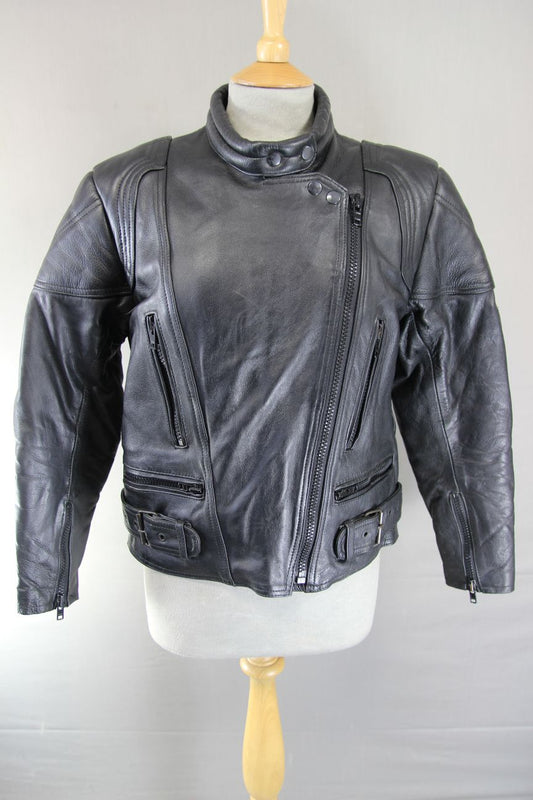 JTS CLASSIC BLACK LEATHER BIKER JACKET 36 INCH CHEST: SIZE 12