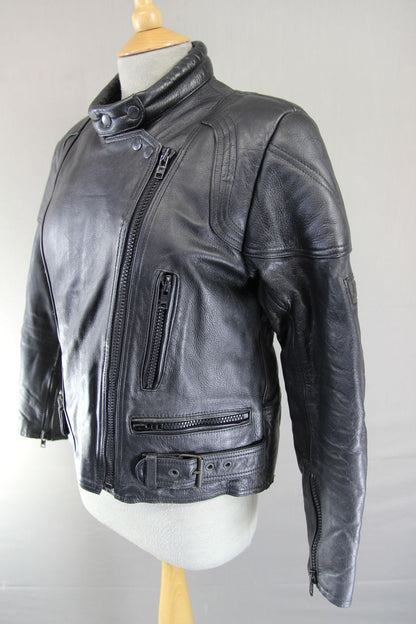 JTS CLASSIC BLACK LEATHER BIKER JACKET 36 INCH CHEST: SIZE 12