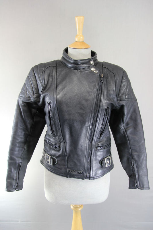 LADIES CLASSIC SPORTEX A5 BLACK LEATHER BIKER JACKET: SIZE 10/32-34 INCHES