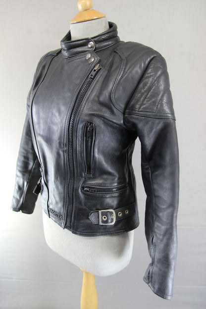 LADIES CLASSIC SPORTEX A5 BLACK LEATHER BIKER JACKET: SIZE 10/32-34 INCHES