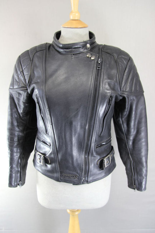 LADIES CLASSIC SPORTEX A5 BLACK LEATHER BIKER JACKET: SIZE 12/34 INCHES
