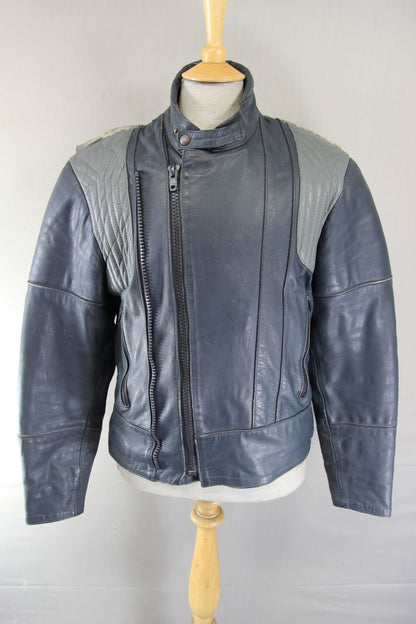 VINTAGE FRANK THOMAS DARK BLUE & GREY LEATHER BIKER JACKET 36-38 INCH CHEST