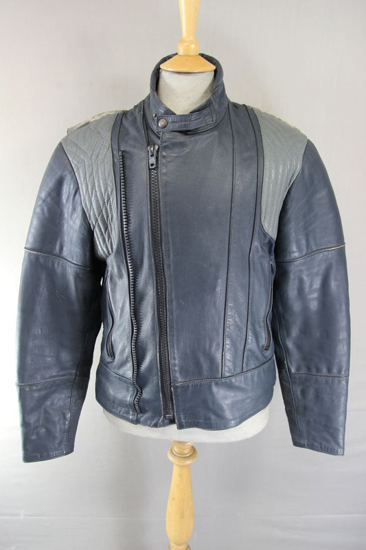 VINTAGE FRANK THOMAS DARK BLUE & GREY LEATHER BIKER JACKET 36-38 INCH CHEST