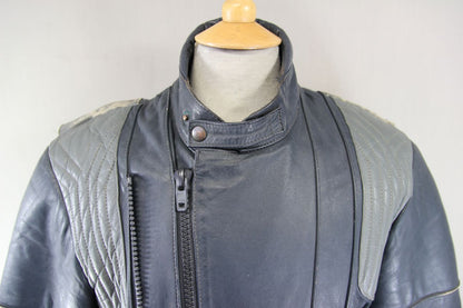 VINTAGE FRANK THOMAS DARK BLUE & GREY LEATHER BIKER JACKET 36-38 INCH CHEST