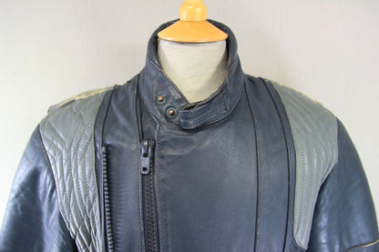 VINTAGE FRANK THOMAS DARK BLUE & GREY LEATHER BIKER JACKET 36-38 INCH CHEST