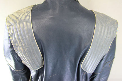 VINTAGE FRANK THOMAS DARK BLUE & GREY LEATHER BIKER JACKET 36-38 INCH CHEST