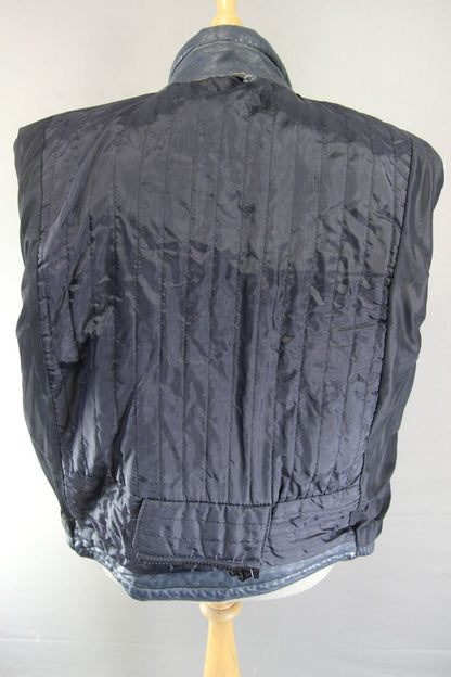 VINTAGE FRANK THOMAS DARK BLUE & GREY LEATHER BIKER JACKET 36-38 INCH CHEST