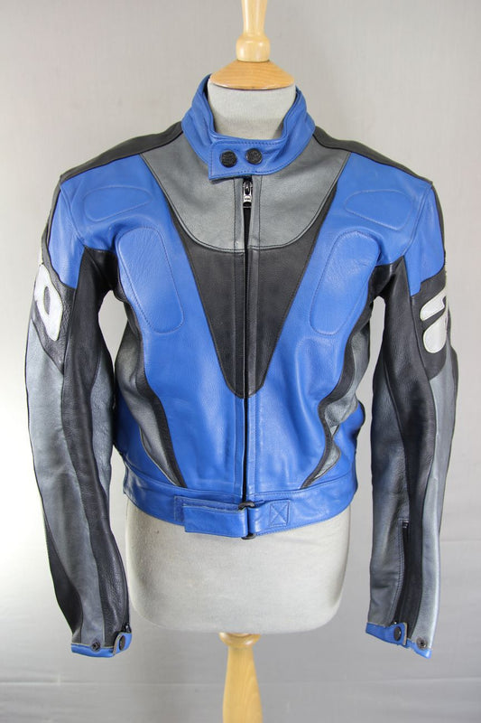 AXO SILVER, BLACK & BLUE LEATHER BIKER JACKET WITH SHOULDER & ELBOW ARMOUR 36 IN