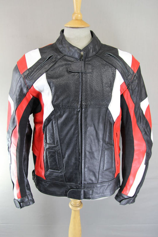 TEXPEED BLACK, RED & WHITE LEATHER BIKER JACKET WITH CE ARMOUR 44-46 IN/X LARGE