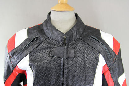 TEXPEED BLACK, RED & WHITE LEATHER BIKER JACKET WITH CE ARMOUR 44-46 IN/X LARGE