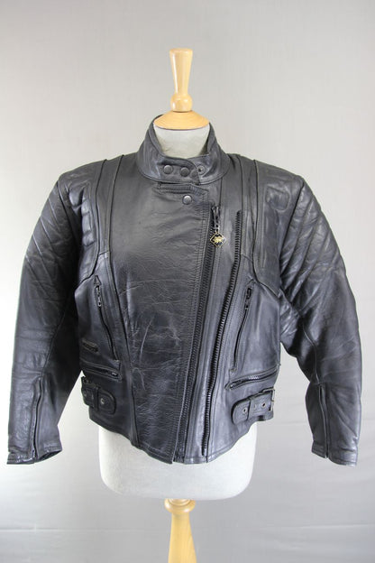 BUFFALO LADIES CLASSIC BLACK LEATHER BIKER JACKET: SIZE 12/36 INCH CHEST