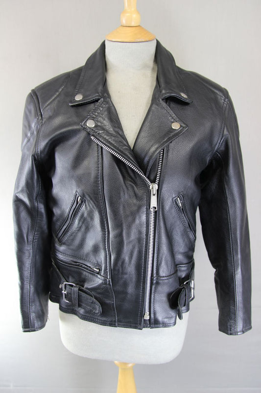 LADIES VINTAGE 70'S PUNK ROCK SKINTAN RETRO BLACK COWHIDE LEATHER BIKER JCKT 36"
