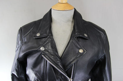 LADIES VINTAGE 70'S PUNK ROCK SKINTAN RETRO BLACK COWHIDE LEATHER BIKER JCKT 36"