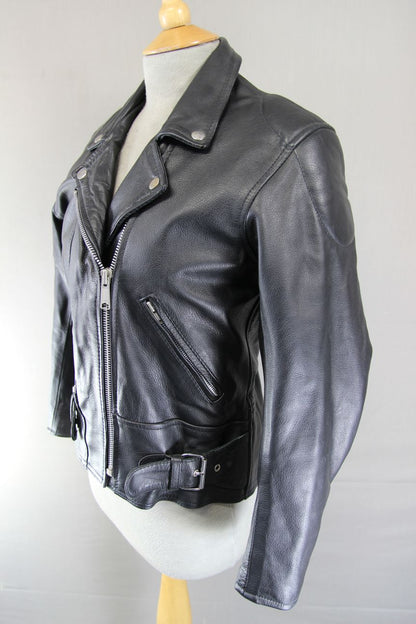 LADIES VINTAGE 70'S PUNK ROCK SKINTAN RETRO BLACK COWHIDE LEATHER BIKER JCKT 36"